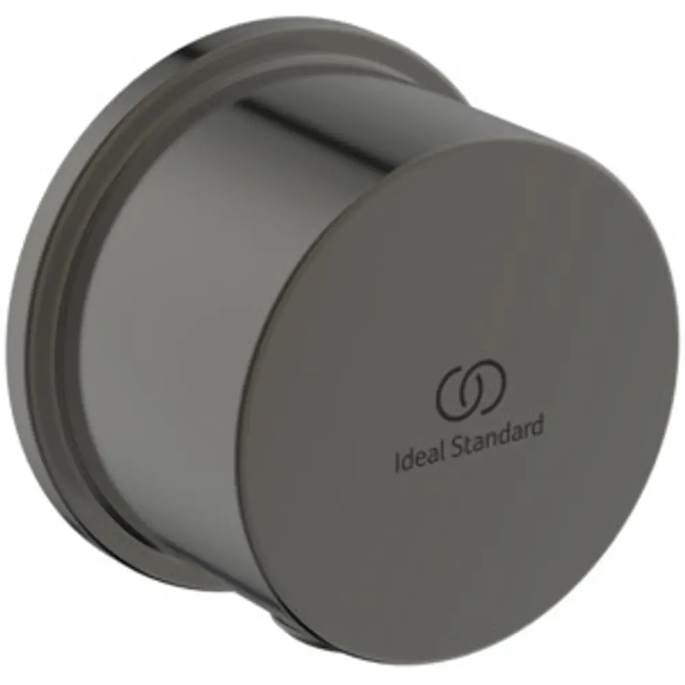 Wandanschlussbogen in mattem Grau mit dem Logo von Ideal Standard, geeignet für die Montage eines Brauseanschlusses. Runde Form mit seitlichem Gewinde.